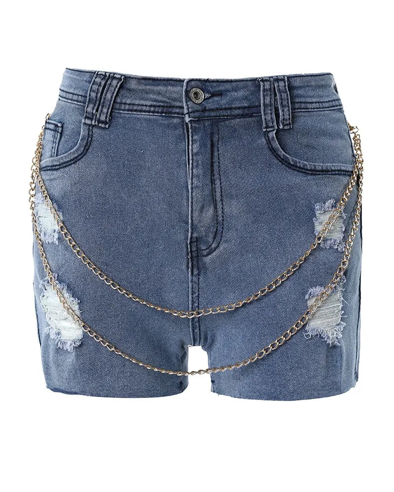 Wepbel Jeans Pants Women Chain Decor Ripped Chain Stitching Ripped Skinny Denim Shorts Summer Short High Waist Denim Shorts