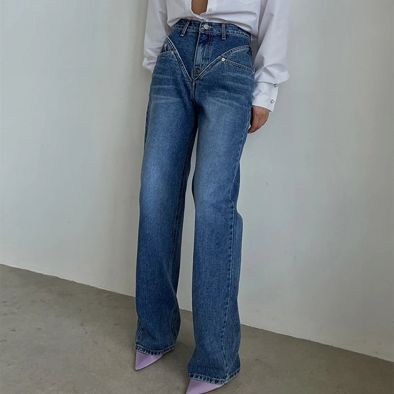 Fashion Spliced High Waist Women Jean Pants Summer High Street Straight Slim Denim Trousers Vintage Loose Female Wide Leg Jeans