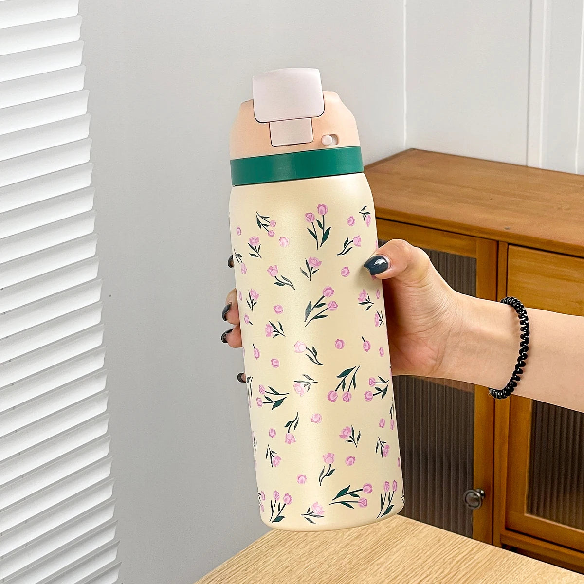 34oz Stylish Stainless Steel Water Bottle - Trendy Floral Two-Tone Design, 24Hr Hot/Cold Insulated, Leakproof Sport Lid & Handle