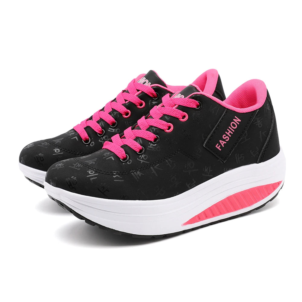 Ladies Casual Sports Shoes Breathable Comfortable Wedge Heel Thick Sole Sneakers Lace-up shoes