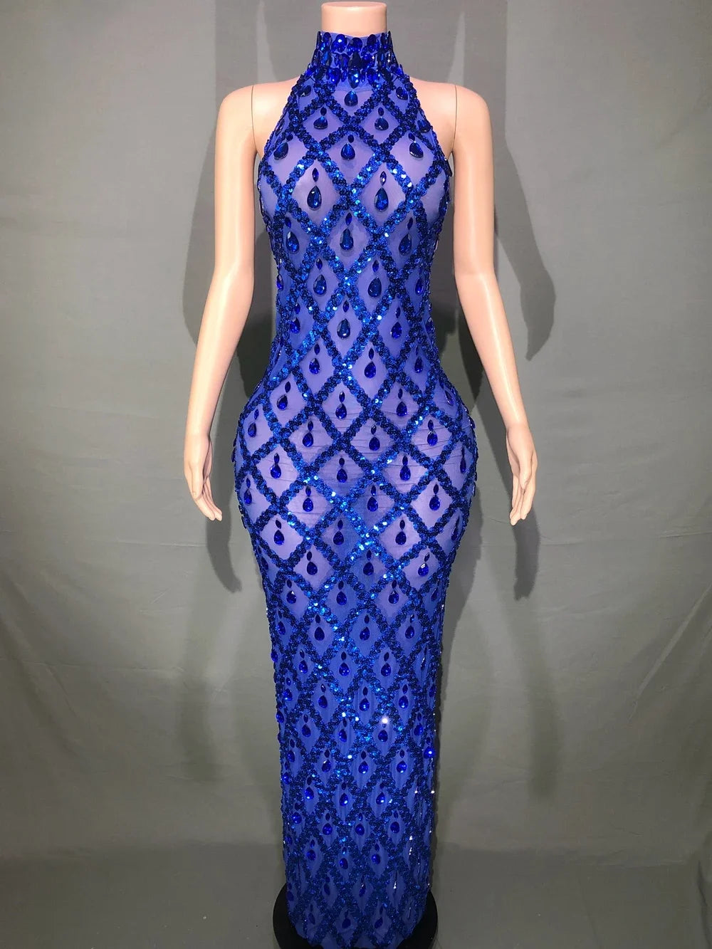 Sparkly Rhinestones Sleeveless Long Dress Elegant Dark Mesh Celebrate Evening Wedding Prom Gown Birthday Dress Photograph Wear