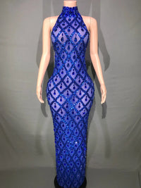 Sparkly Rhinestones Sleeveless Long Dress Elegant Dark Mesh Celebrate Evening Wedding Prom Gown Birthday Dress Photograph Wear