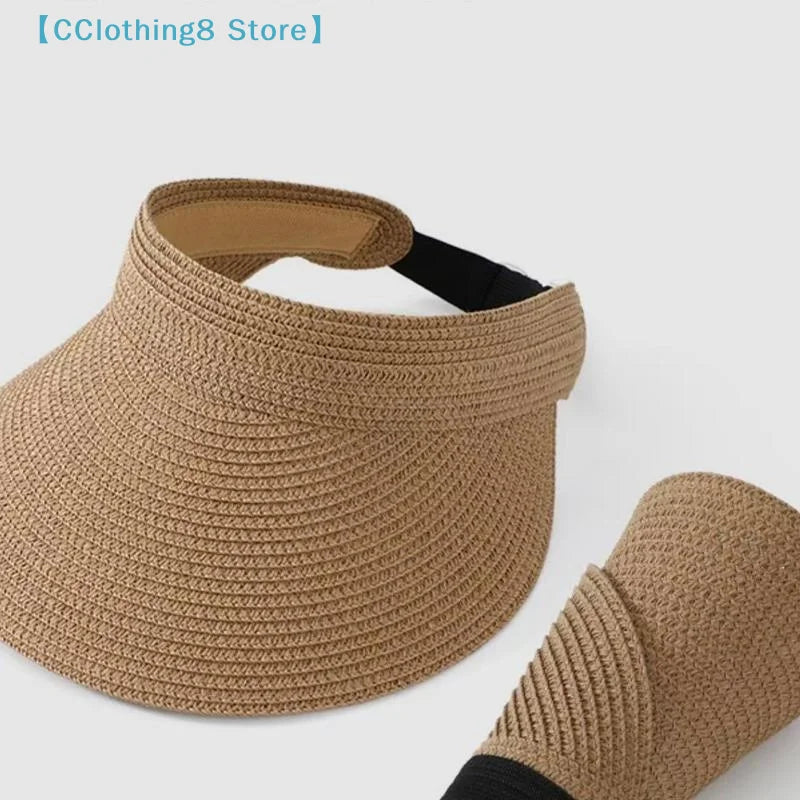 UPF50+ Wide Brim Visor Hat For Women Straw Beach Sun Visor Foldable Ponytail With UV Protection Straw Hat Beach Hats【AliS8】
