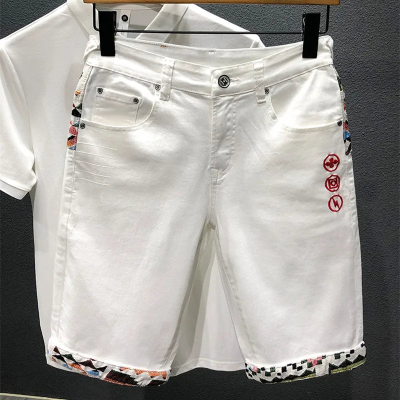 Summer New Denim Shorts Men's Stitching Embroidery Ripped Knee-length Shorts White Black Retro Blue Fashion High Quality Jeans