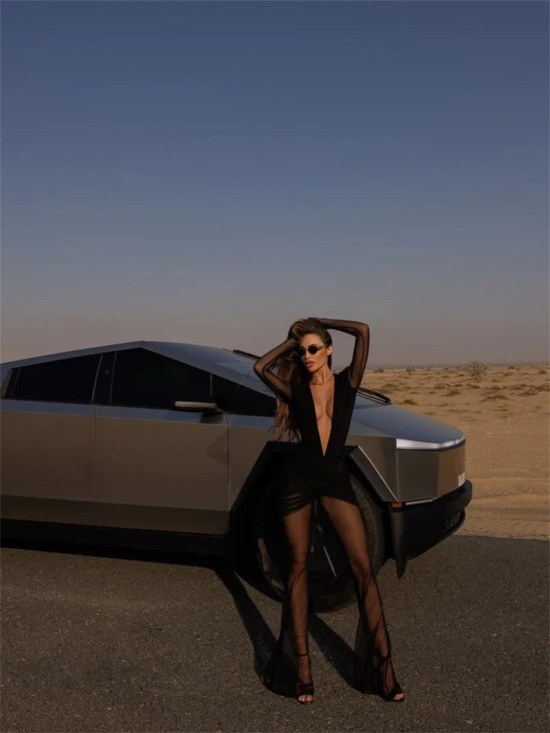 Blifanbo Sexy Deep V Mesh Long Sleeve Jumpsuit  Women Autumn Double Layer Patchwork Ruched Bodycon Jumpsuit Rompers New 2025