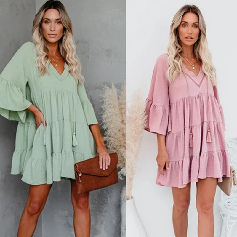 2023 Pregnant Woman Summer Clothes Sweet Short Flare Sleeve V-neck High Waist Maternity Chiffon Dress Korean Style A-line Dress