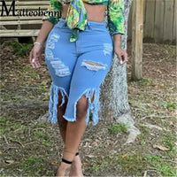 2021 Summer Bermuda Shorts Women Ripped Cotton Knee Length High Waist Casual Denim Shorts Ladies Blue Sexy Straight Jean Shorts