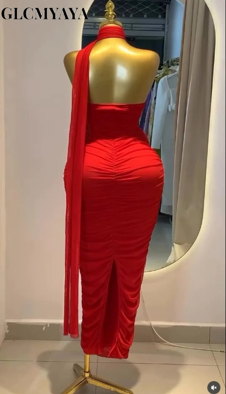 CM.YAYA Women Sleeveless Stacked Ruched Scarf Collar Bodycon Midi Maxi Dress 2026 Street Parties Education Long Dresses Vestidos