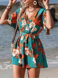 Loose High Waisted Short Sleeve Jumpsuit V-neck Printed Women Jumpsuit Beach Vacation Comfortable Summer Clothes