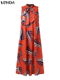 Plus Size 5XL VONDA Bohemian Summer Maxi Dress Women Floral Print Bow Tie Beach Sundress Sexy Sleeveless Casual Loose Long Robe
