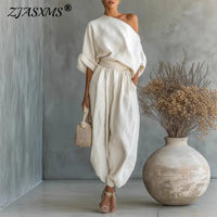 Elegant Skew Collar Long Sleeve Top & Casual Pants Set Woman Sexy Hollow Out Solid Suit Outfit Spring Fall Loose Female Clothing