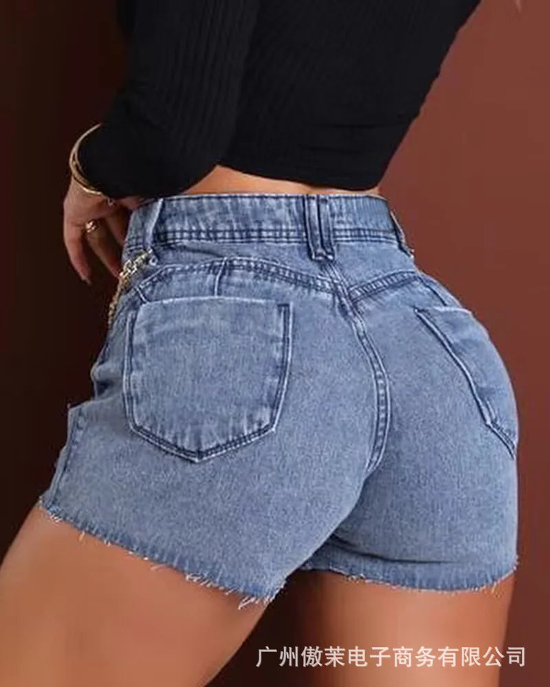 Chain Decor Ripped High Waist Denim Shorts Women Summer Fashion Casual Skinny Hole Short Jeans Boyfriends for Women