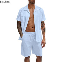 New Men's Summer Casual Sport 2 Piece Sets Fashion Cotton Linen Short Sleeve Shirt and Shorts Suit Men Loose Sport Shirt Outfits