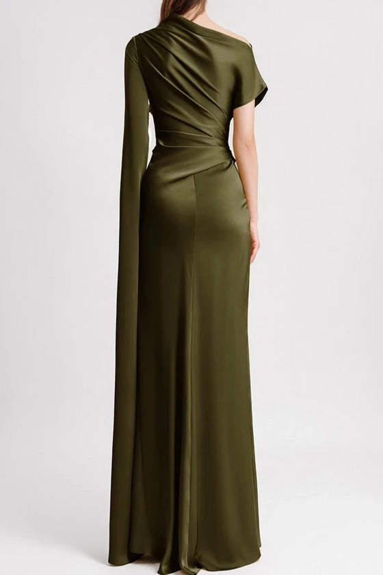 Solid color slanted collar with shoulder sleeves, pleated waist for slimming, ladies' banquet solid color formal dress skirt
