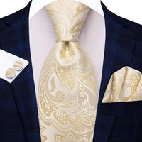 Hi-Tie Champagne Floral Paisley Silk Elegant Tie For Men Groom Wedding Men Necktie Pocket Square Cufflink Accessory Wholesale