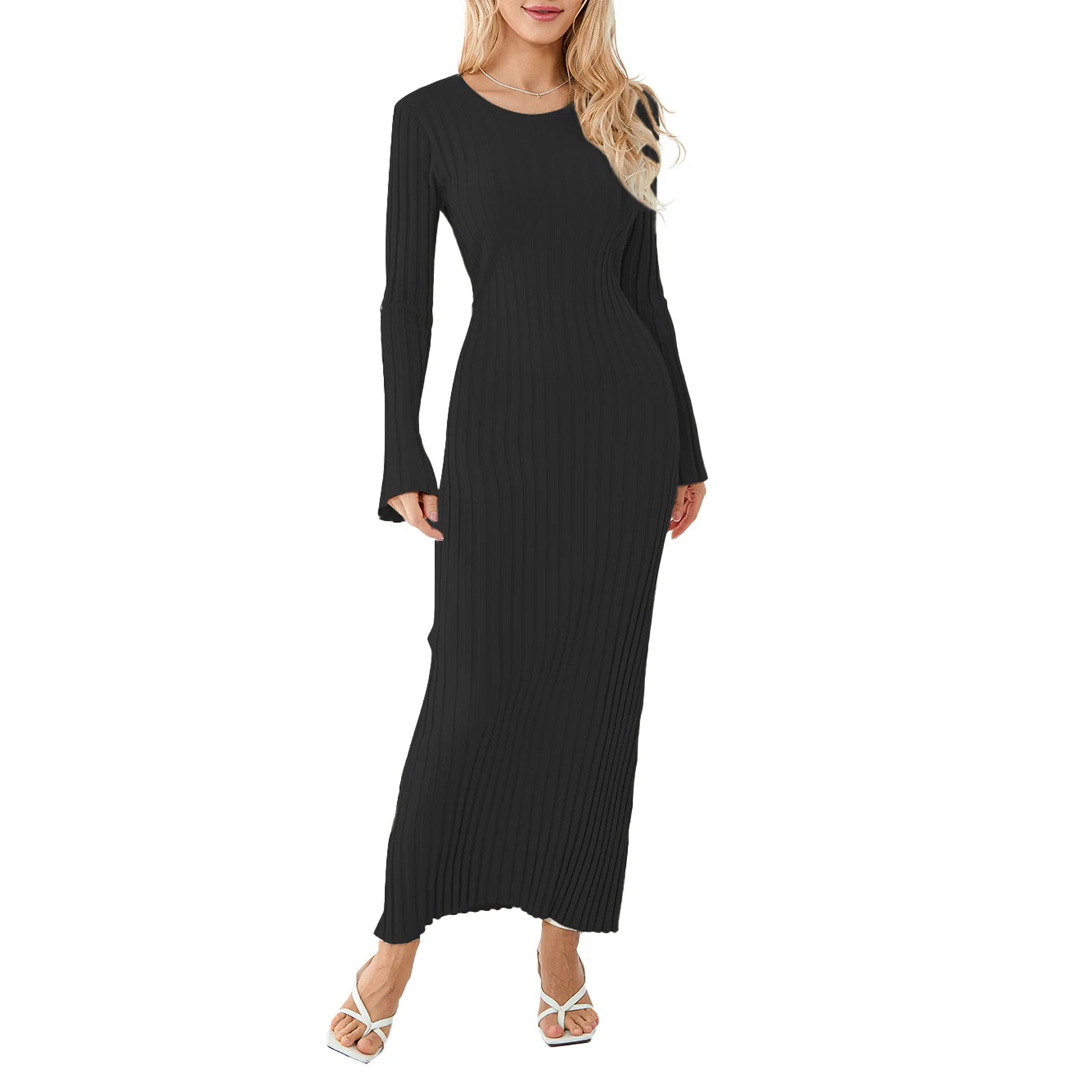 Autumn Winter Elegant Knit Dress Women Solid Long Sleeve Round Neck Sl –  Mega Mart Center