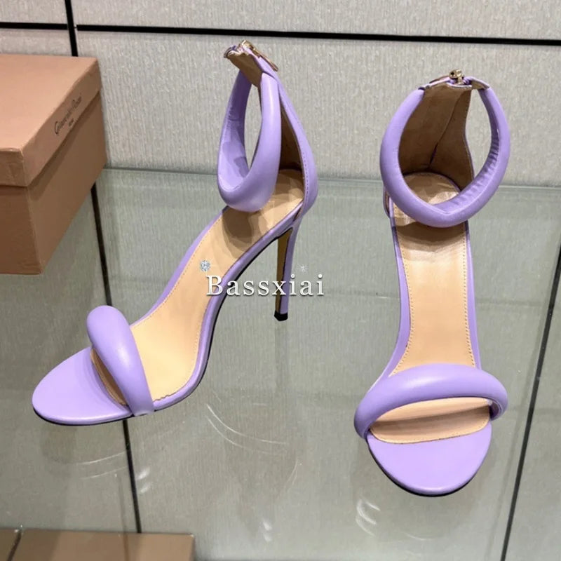 Genuine Leather One-Strap Sandals Women 10cm Stiletto Heel Back Zip Concise Style Modern Summer Shoes