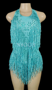 Sparkly Rhinestones Fringes Leotard Women Nightclub Party Outfit Dance Costume One-piece Stage Wear Sexy Performance Bodysuit