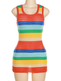 Nibber Knitted Rainbow Stripes Mini Dress Women Casual Sleeveless Skinny Vestidos Female Trend Streetwear Bodycon Clothing