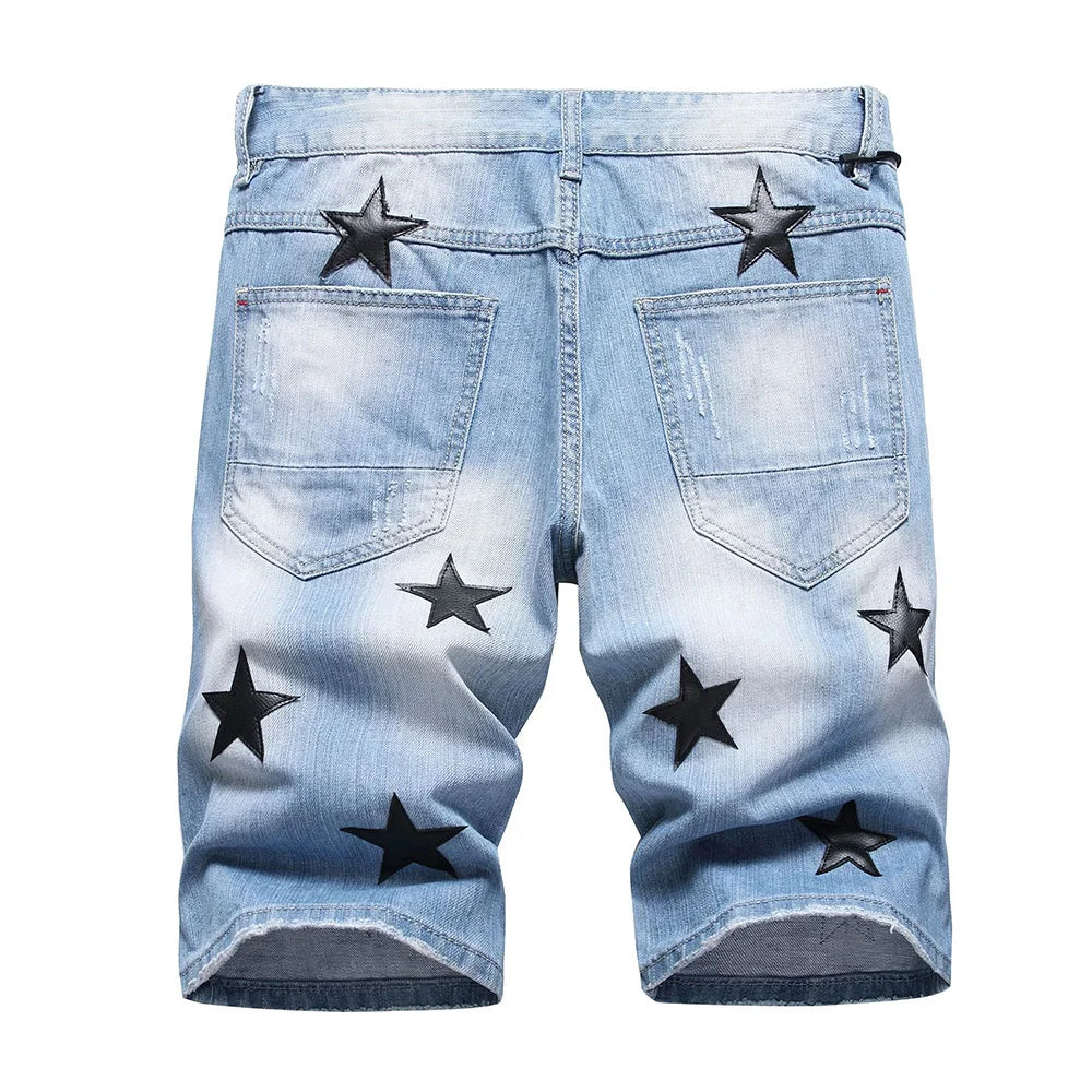 Men Black Leather Stars Patches Denim Shorts Summer Slim Straight Jeans Holes Ripped Blue Cotton Breeches