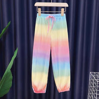 Girls 2023 Summer New Fashion Ice Silk Rainbow Gradient Color Loose 2pcs T-shirts+pants Suits 3-12 Years Kids Tie-dyed Clothing