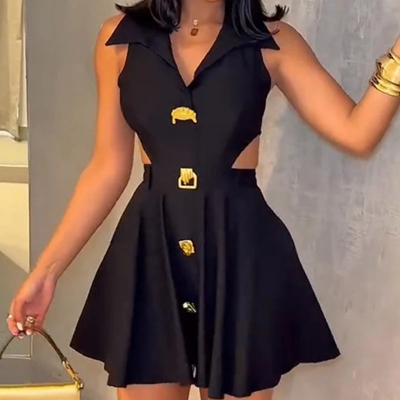 Summer Solid Color High Waist Pleated Dresses Office Lady Lapel Button A-line Dress Sexy Hollow Out Sleeveless Slim Short Dress