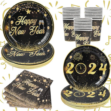 Happy New Year Party Supplies Tableware New Year Plates Cups Napkins Tablecloth Celebration For New Year Party Decoration 2024