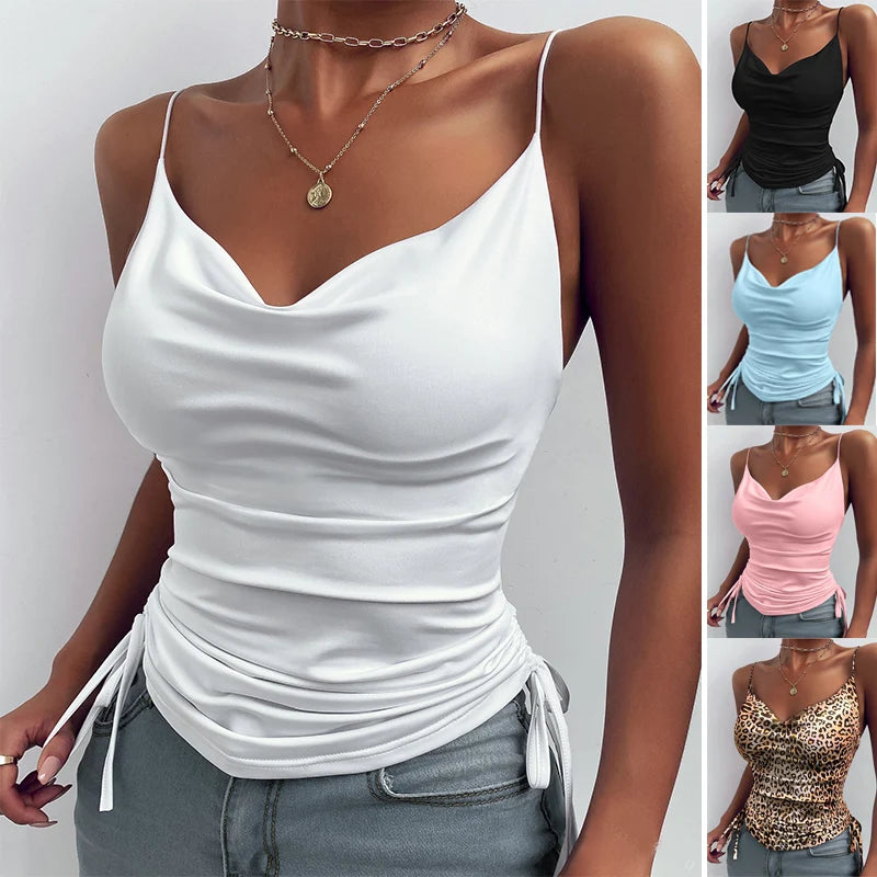 Women Tank Top V Neck Camisole Cami Drawstring Spaghetti Strap Top Loose Sleeveless Blouses Tank Shirt Summer Crop Top