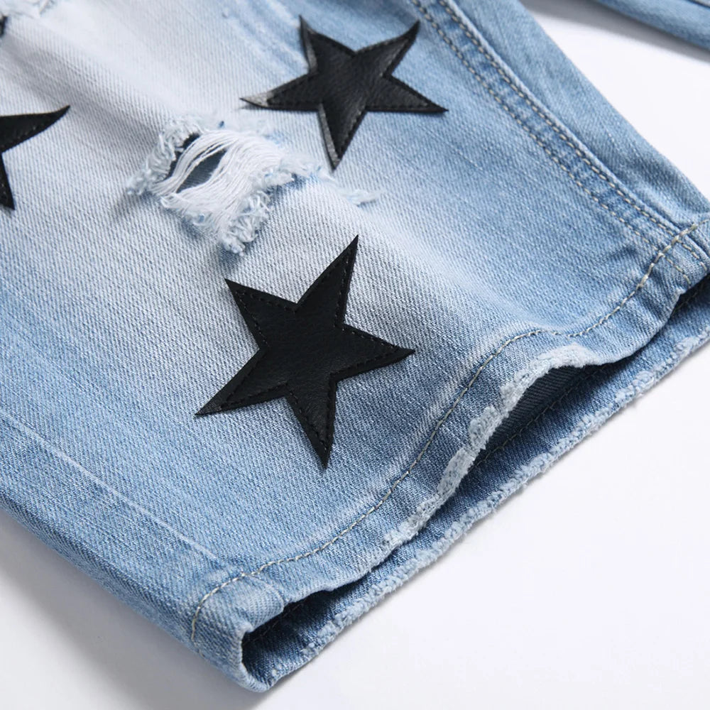 Men Black Leather Stars Patches Denim Shorts Summer Slim Straight Jeans Holes Ripped Blue Cotton Breeches