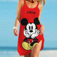 Elegant Dresses for Women Sexy 2022 Minnie Mouse Women&#39;s Dress Sling Summer Woman Beach Boho Disney Loose Print Mickey Fashion