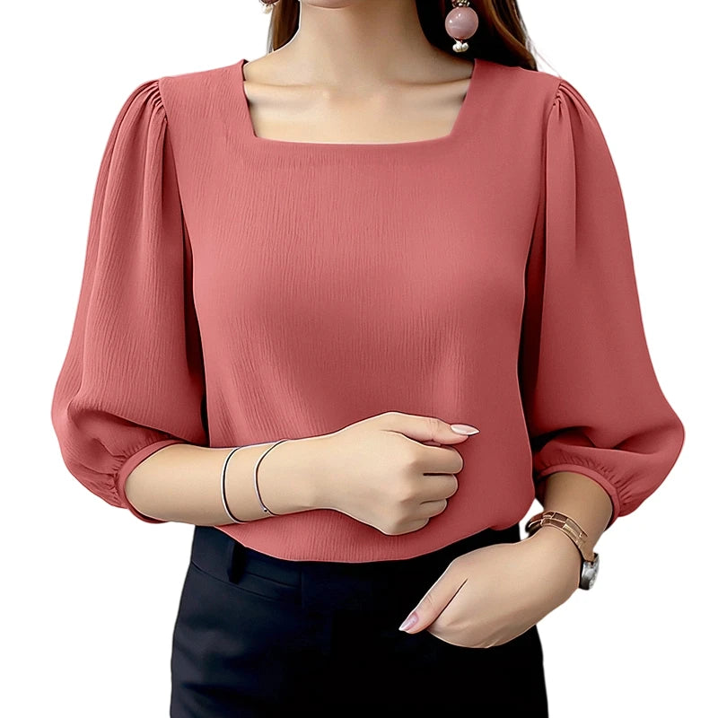 ZANZEA Women Crinkled Texture Puff Sleeve Blouse, Elegant O Neck 3/4 Sleeve Blusas Mujer, Summer Fashion Solid Color Casual Tops