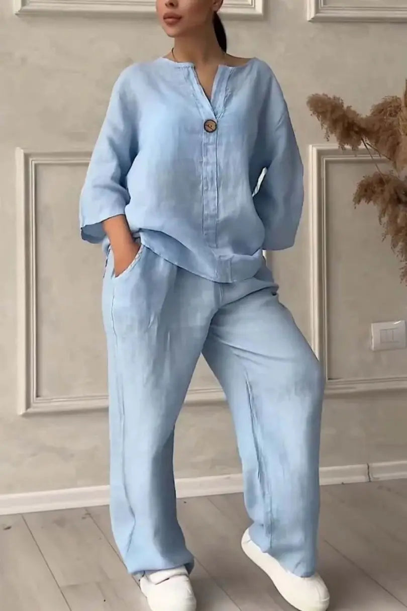 Women's Cotton and Linen Pants Suit Casual Solid Pullover Pants 2-piece Set White Pink Simple Wide Leg Pants Two Piece Set Suits