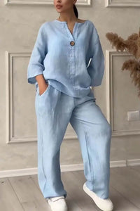 Women's Cotton and Linen Pants Suit Casual Solid Pullover Pants 2-piece Set White Pink Simple Wide Leg Pants Two Piece Set Suits