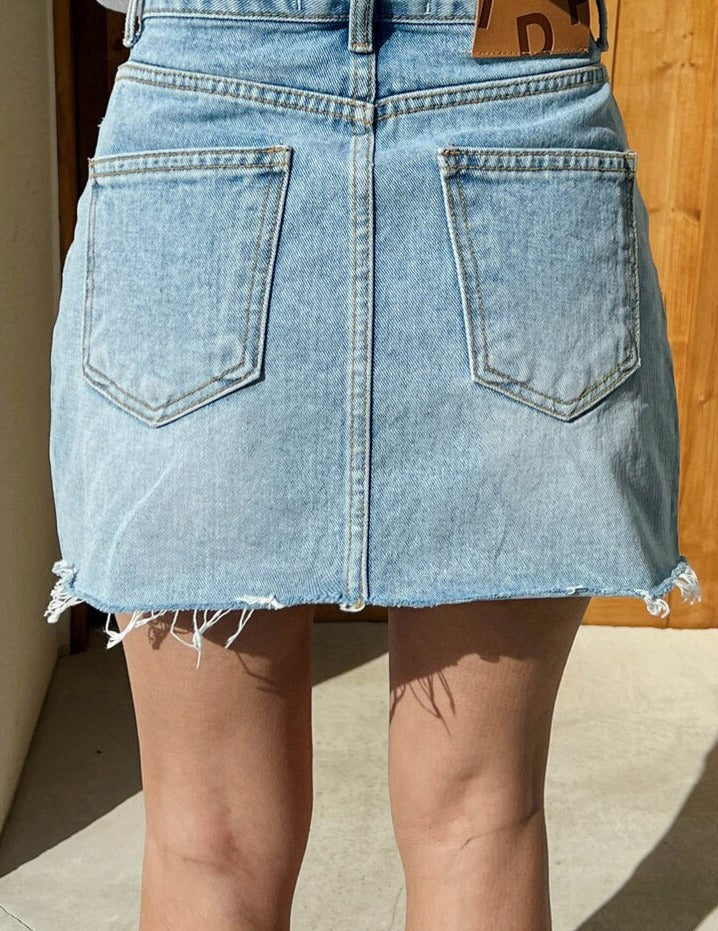 Sexy Stylish Inclined Button Women Denim Skirts Fashion High Waist Pockets Tassel Hem