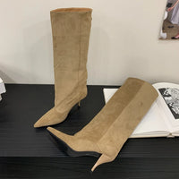 Aneikeh Autumn Winter Fashion Long Booties Shoes Thin Heels Concise Pointed Toe Pleated Knee-High Boots WomenZapatos De Mujer