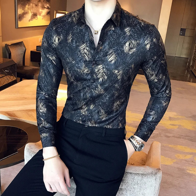 Metallic Gold Shirt Men 2017 Autumn Printed Gold White Shirt Slim Fit Mega Mart Center Metallic Gold Shirt Men 2017 Autumn Printed Gold White Shirt Slim Fit Mega Mart Center