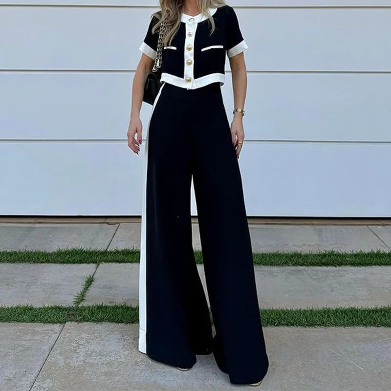 Spring Autumn Women's New Fashion Color Blocked Commuter Short Sleeved Top Straight Leg Pants Set Two Piece Set