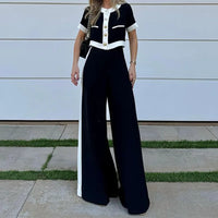 Spring Autumn Women's New Fashion Color Blocked Commuter Short Sleeved Top Straight Leg Pants Set Two Piece Set