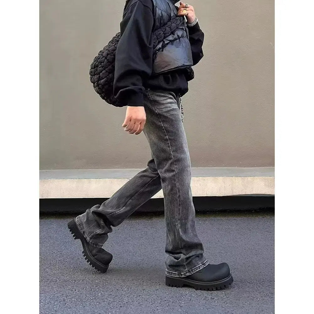 American high street washed black jeans for men stylish and straight cut slim fit elastic micro flared pants