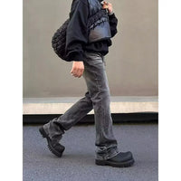 American high street washed black jeans for men stylish and straight cut slim fit elastic micro flared pants