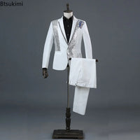 2025 Men's Party Prom Sequin Dress Suit 2 Piece Sets Luxury Classic Black White Diamond Singer Dance Stage Performance Costumes