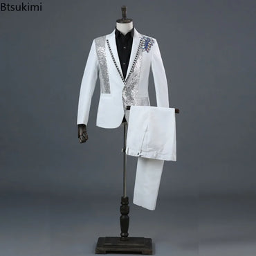 2025 Men's Party Prom Sequin Dress Suit 2 Piece Sets Luxury Classic Black White Diamond Singer Dance Stage Performance Costumes