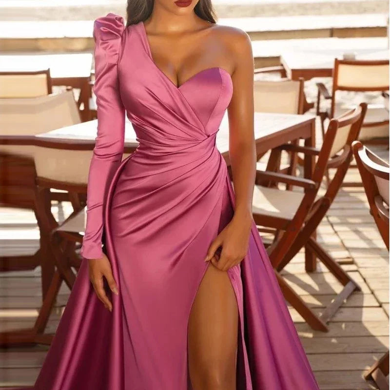 Wedding Party Dress One-shoulder Folds Split Fashion Long Dress Cocktail Elegant Tight-fitting Formal Dress Bridal Prom Vestidos