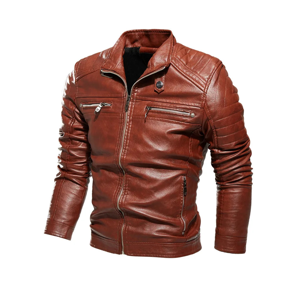 Men Jacket Coffee Leather Jacket Men Motorcycle Jacket Fashion Streetwear Biker Coat Slim Fit Autumn Winter Coat Men Fur Lined