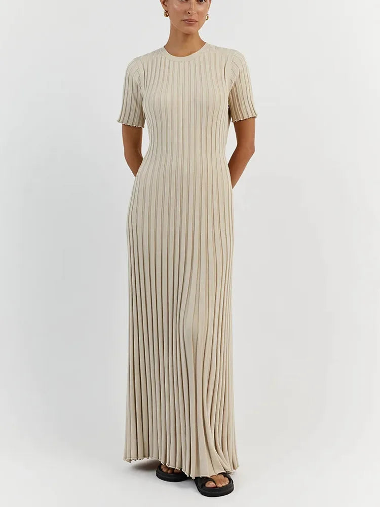 Elegant Solid Ribbed Knitted Maxi Dress Women O-neck Short