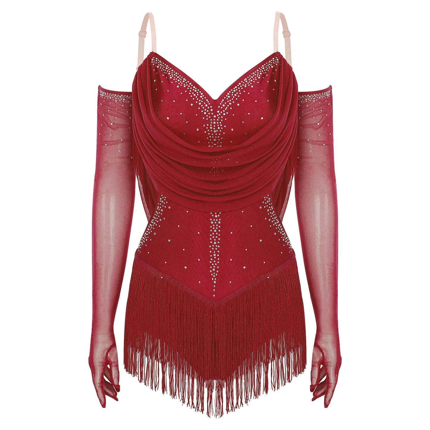 Womens Tassel Latin Rumba Dance Leotard Glittery Cutout Fringed Bodysuit with Gloves Cha-cha Samba Tango Performance Costume
