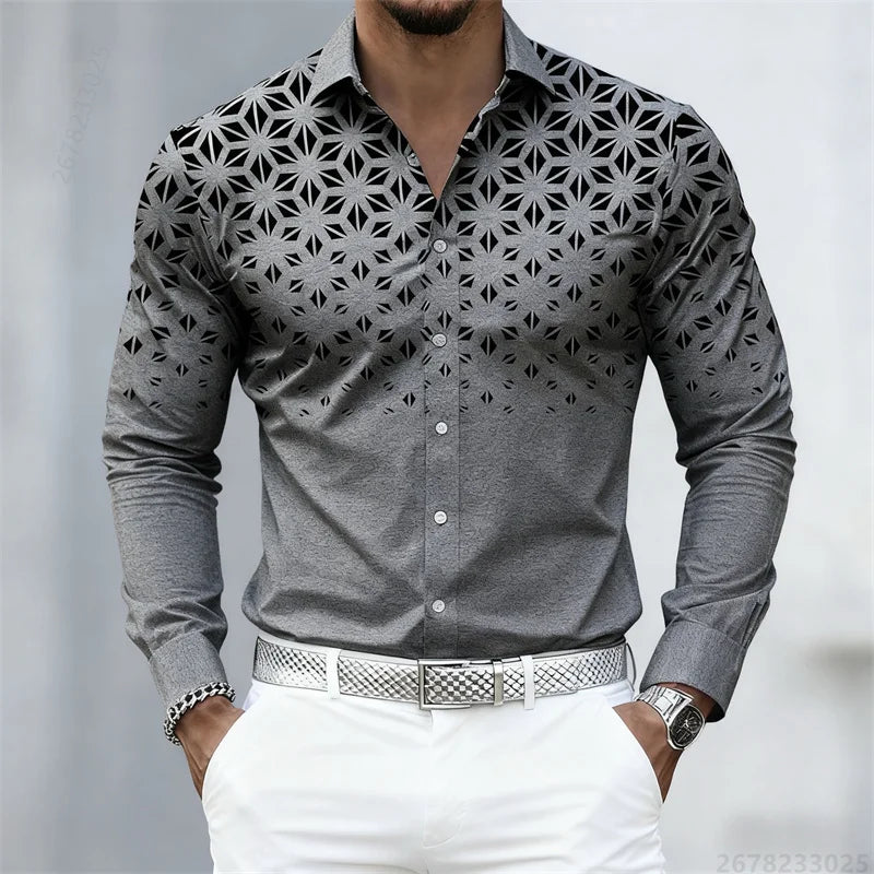 17 colors of men's shirts, fashionable geometric pattern print long sleeve shirts, personalized trendy slim lapel casual shirts