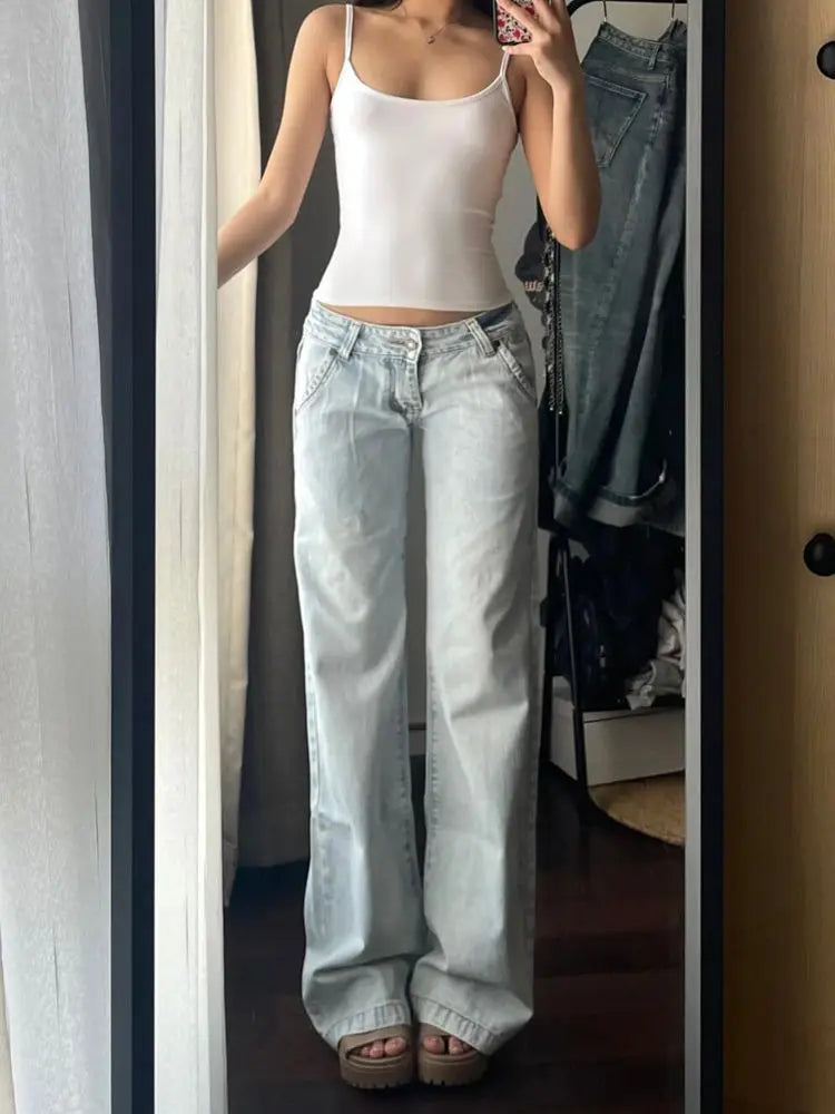 Streetwear Low Rise Flared Jeans  Vintage Slim-fitting Y2K Fashion Blue Denim Pants 2000s Casual Women's Jeans Harajuku