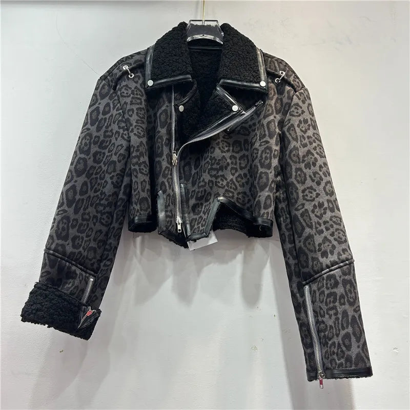 Winter Women Leopard Printed Lamb Wool Velvet Bomber Jacket Turn Down Collar Short Flocking Coat Spliced Parkas Cardigan Tops