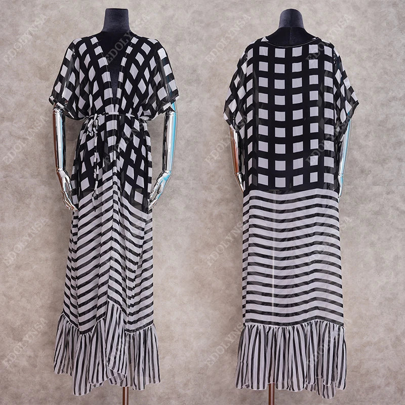 2023 Chiffon Beach Cover-ups  Dots stripes Beach Women Sexy Elegant Long Ruffle Sleeve Open Front Summer Maxi dress Q751